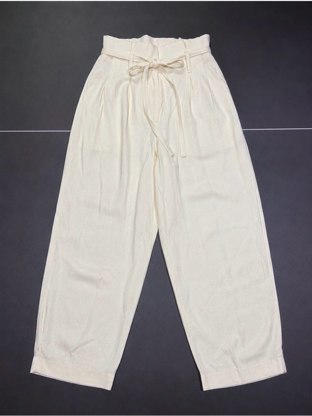 Express Cream High-Waist Paperbag Wide-Leg Pants with Self Tie